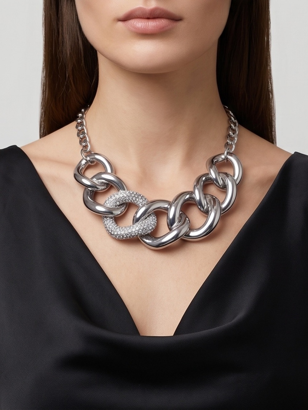 Silver Chunky Link Necklace with Pavé Accent
